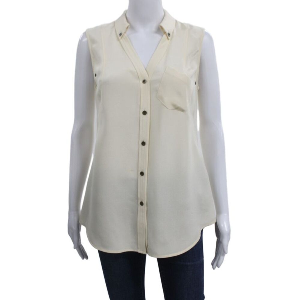 Magaschoni Women Ivory Silk Collared Sleeveless Blouse Button Size 4